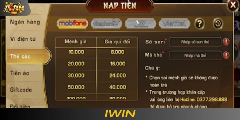 Nạp tiền IWIN qua thẻ cào di động 