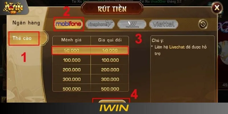 Chọn mệnh giá rút tiền IWIN qua thẻ cào 